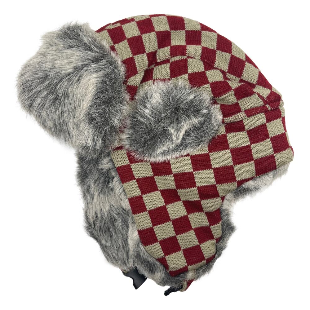 Red Checkered Aviator Hat Faux Fur Winter Ski Trooper Trapper Ear Flap Cap